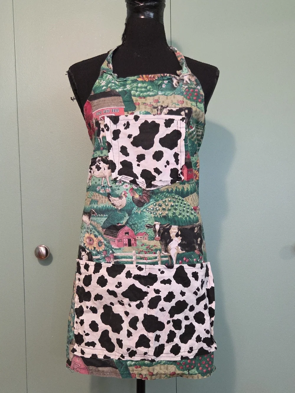 Handmade Farmhouse Cow Print Apron Green, Black & White